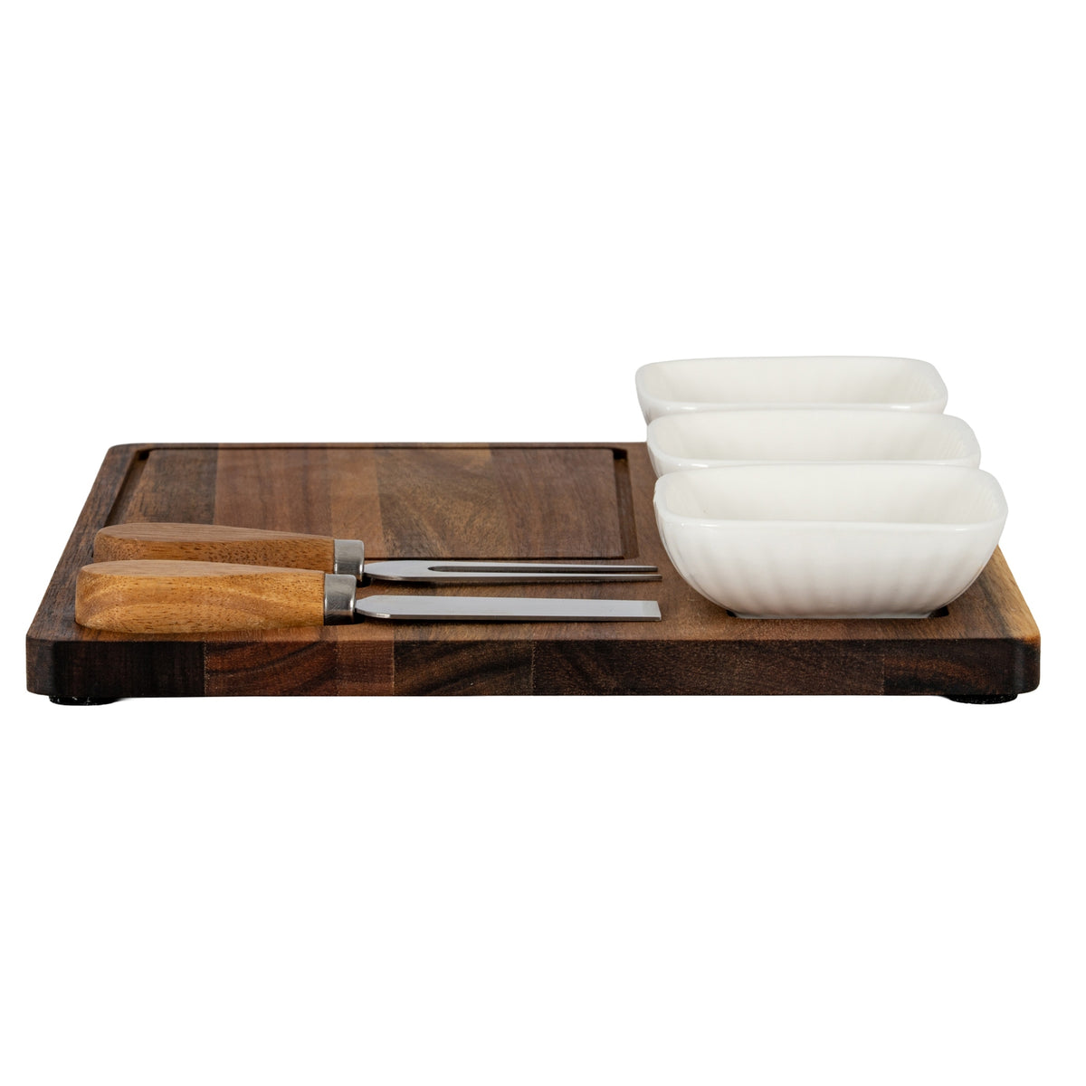 Acacia Cheese Board Set with White Ceramic Bowls and Cutlery - Brown