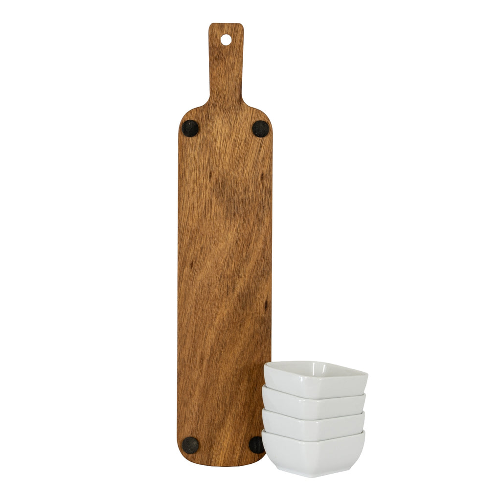 Acacia Serving Board Including Four Ceramic Serving Bowls - Brown