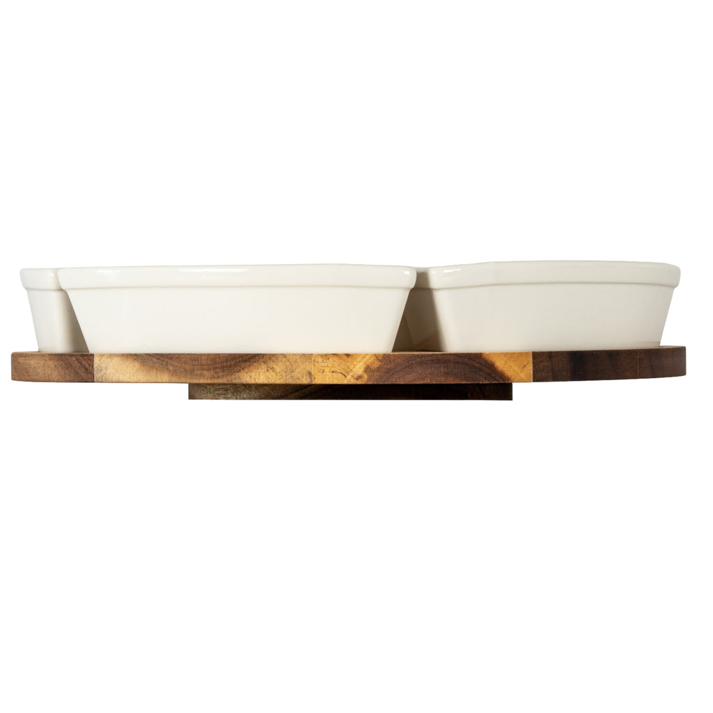 Acacia Lazy Susan Including Ceramic Serving Bowls - Brown