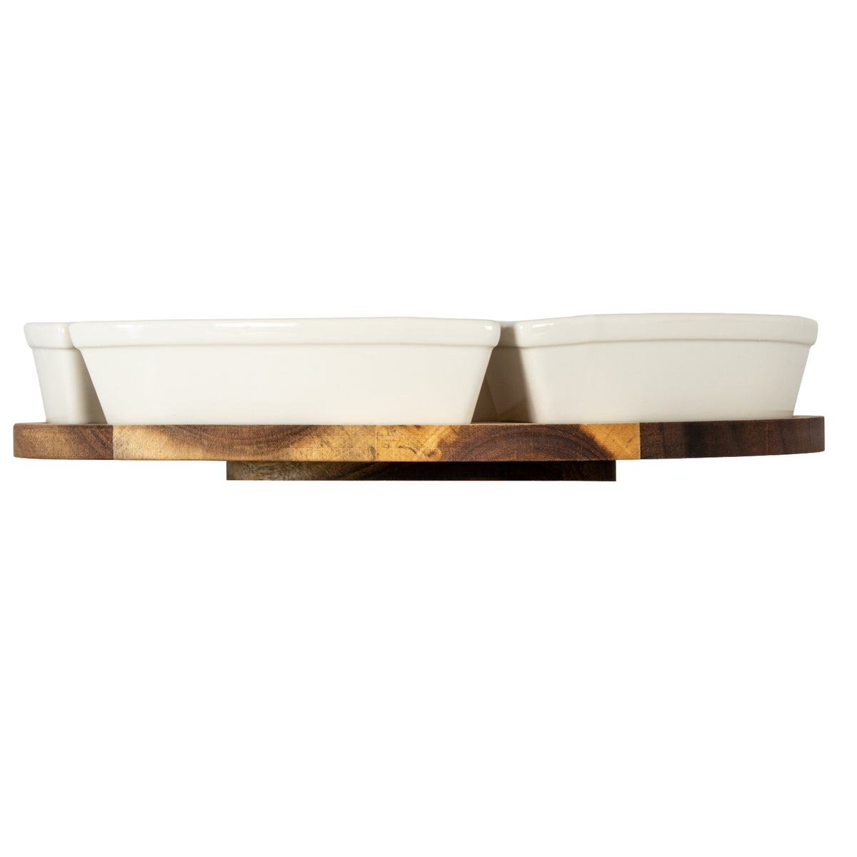 Acacia Lazy Susan Including Ceramic Serving Bowls - Brown