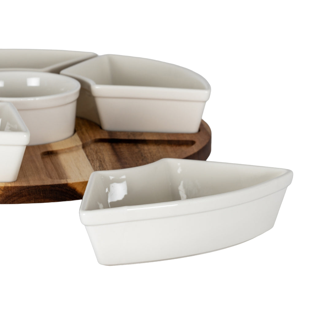 Acacia Lazy Susan Including Ceramic Serving Bowls - Brown