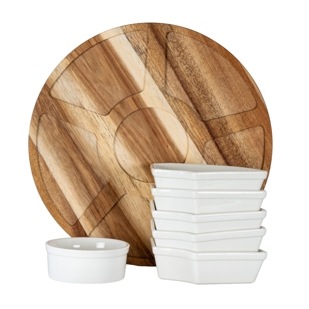 Acacia Lazy Susan Including Ceramic Serving Bowls - Brown