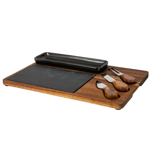 Acacia Cheese Board Set with Black Bowl, Slate and Cutlery