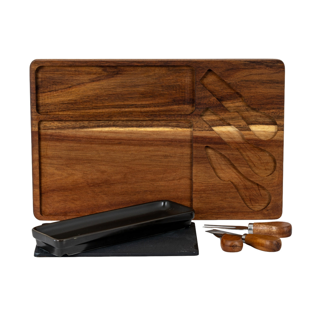 Acacia Cheese Board Set with Black Bowl, Slate and Cutlery - Brown