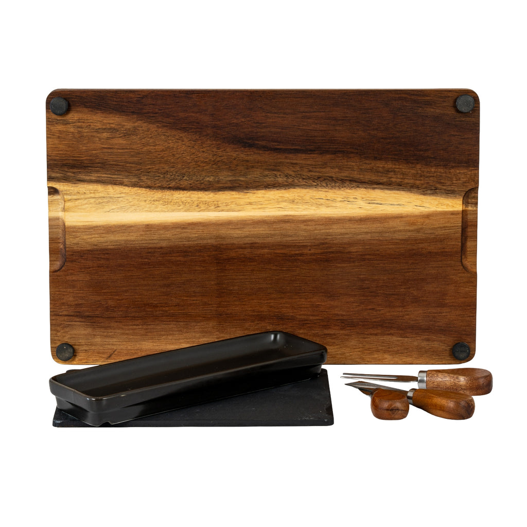 Acacia Cheese Board Set with Black Bowl, Slate and Cutlery - Brown