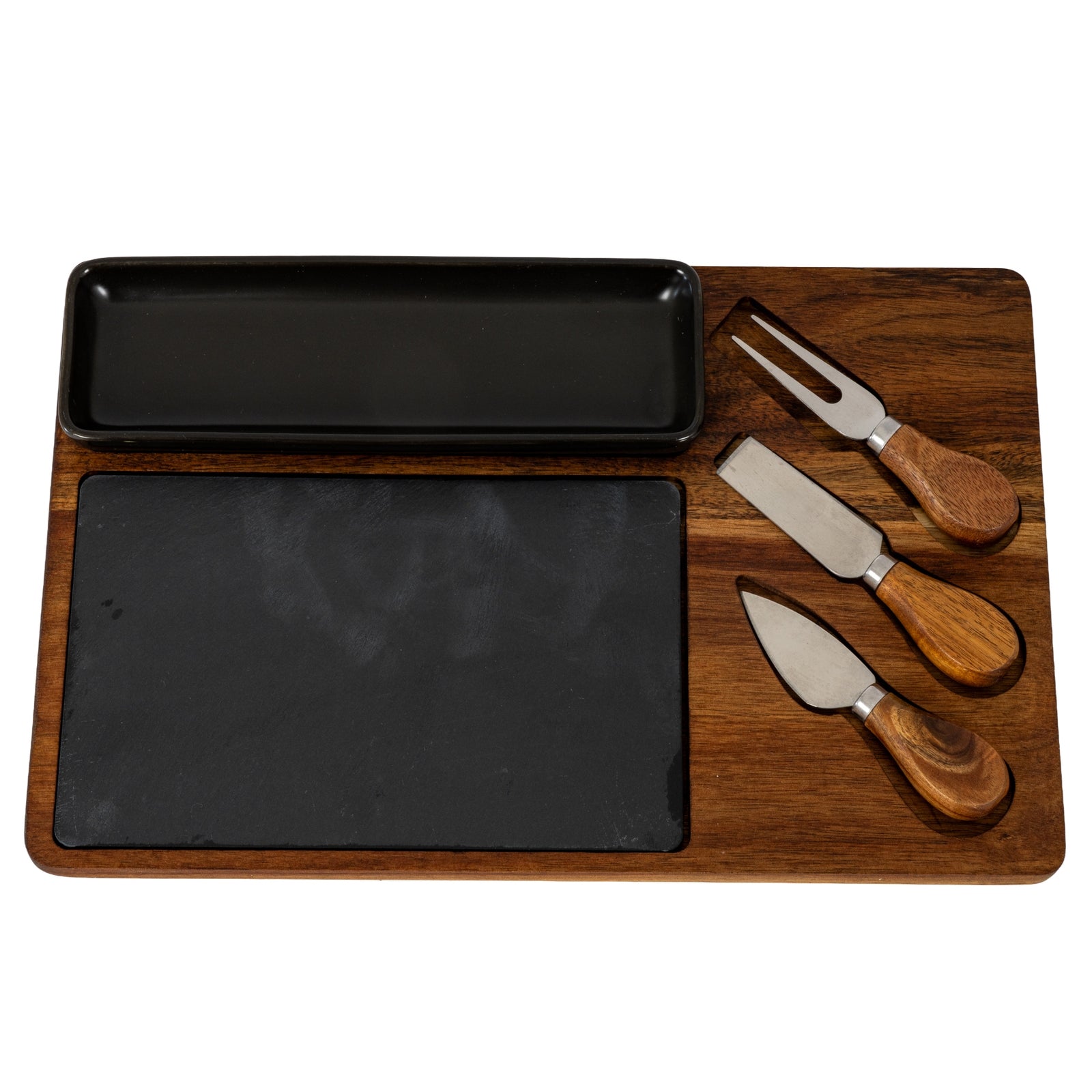 Acacia Cheese Board Set with Black Bowl, Slate and Cutlery