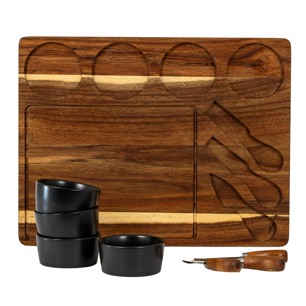 Acacia Cheese Board Set with Grey Ceramic Bowls and Cutlery - Brown