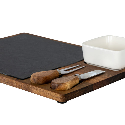 Acacia Cheese Board Set with White Bowl, Slate and Cutlery