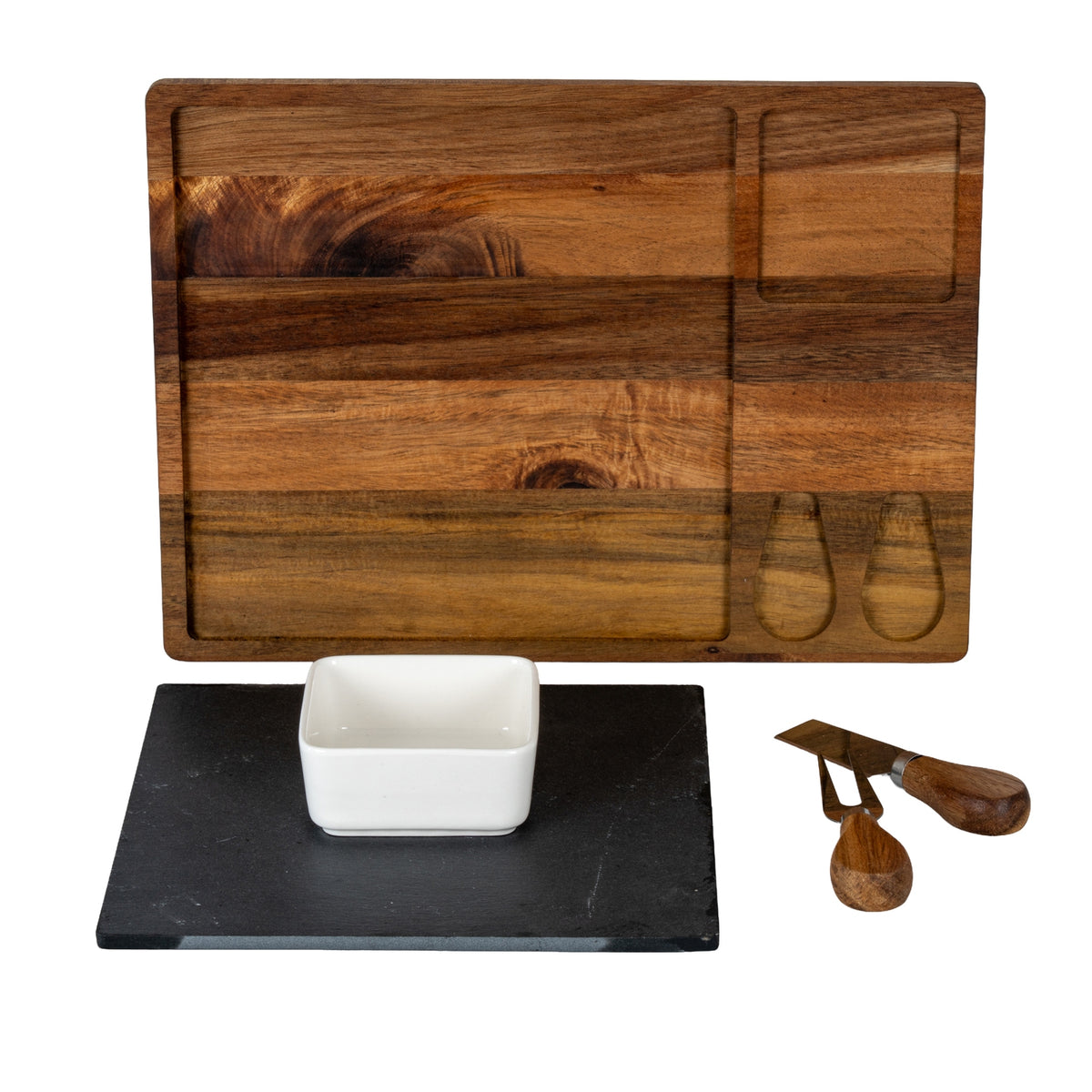 Acacia Cheese Board Set with White Bowl, Slate and Cutlery - Brown