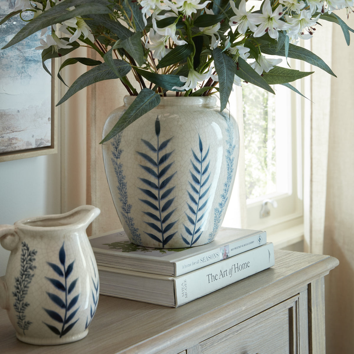Small Blue Flora Olpe Jug Vase - White