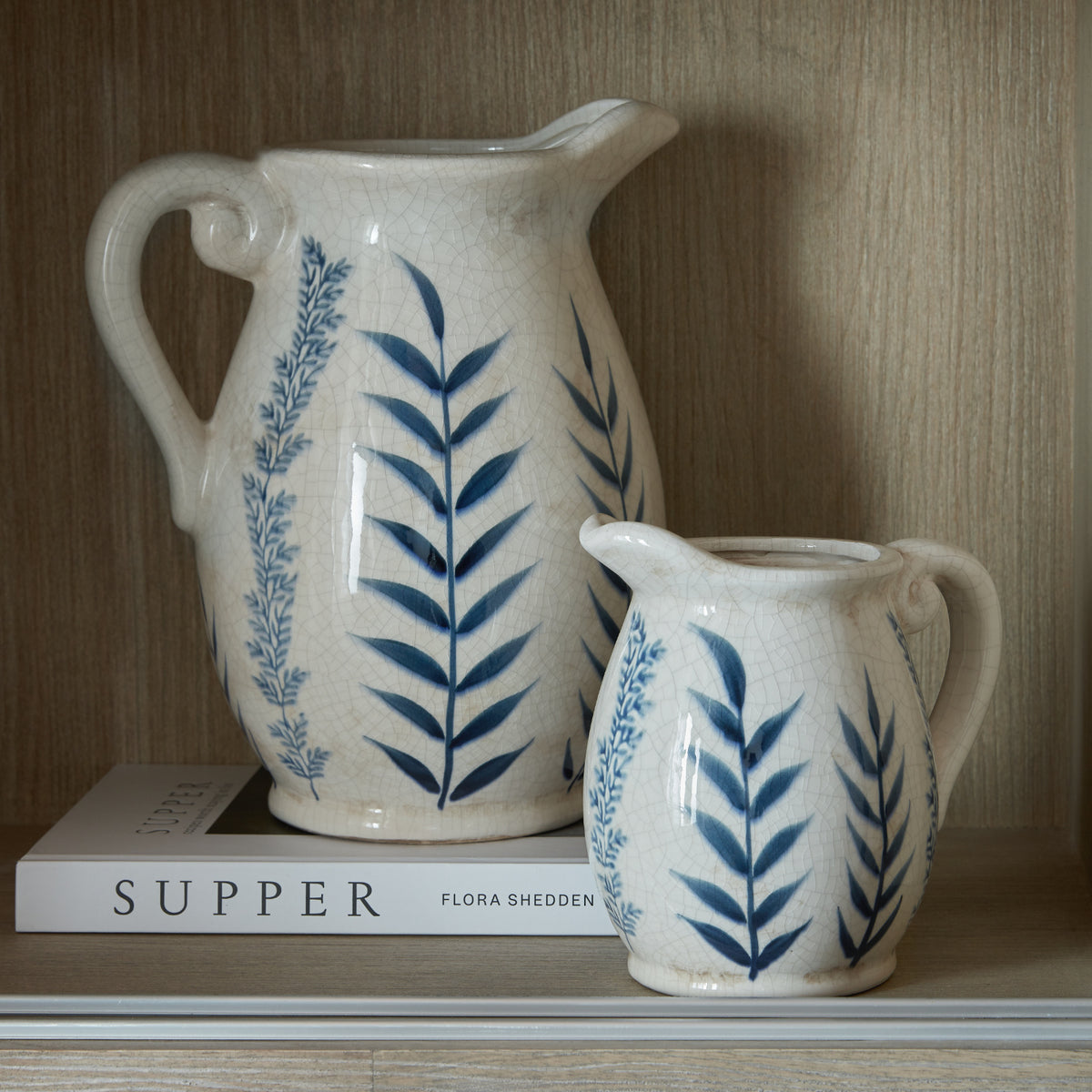 Large Blue Flora Olpe Jug Vase - White
