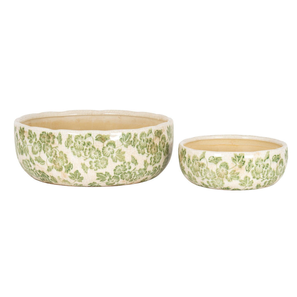 Small Green Clover Ceramic Bowl Pot - White