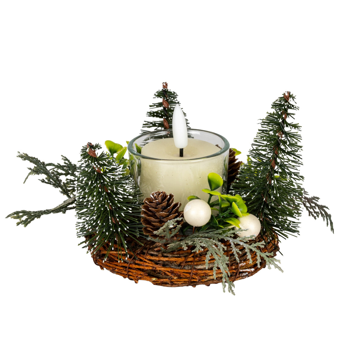 Small Brush Tree Candle Wreath with Berries and Pinecones