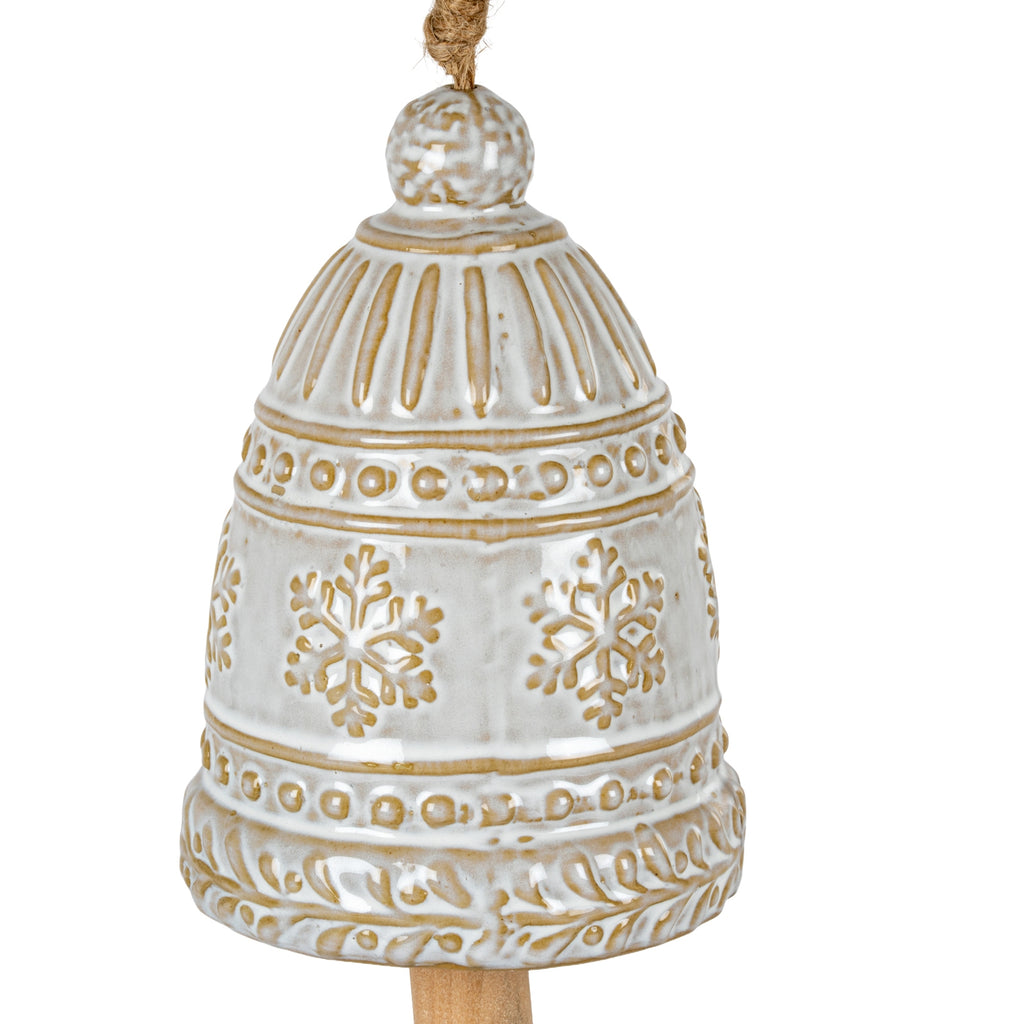 Large Ceramic Bell Tree Ornament with Snowflake Detail - White