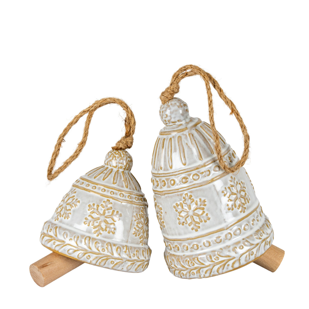 Large Ceramic Bell Tree Ornament with Snowflake Detail - White