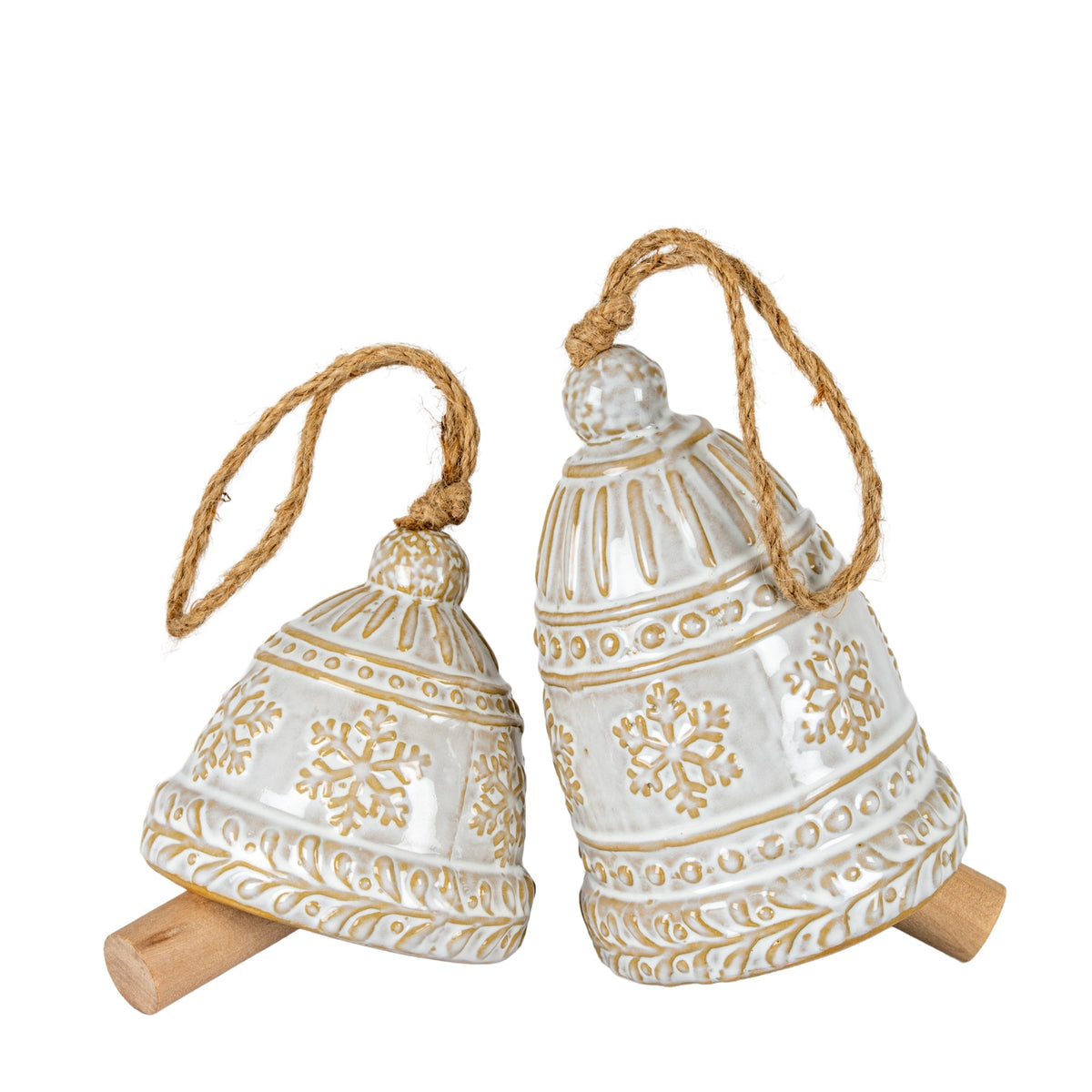 Large Ceramic Bell Tree Ornament with Snowflake Detail - White