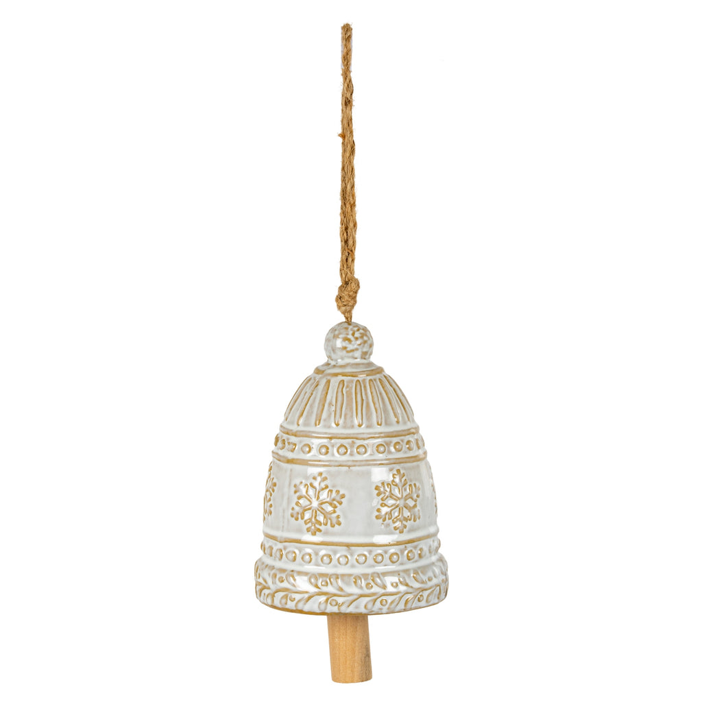 Large Ceramic Bell Tree Ornament with Snowflake Detail - White