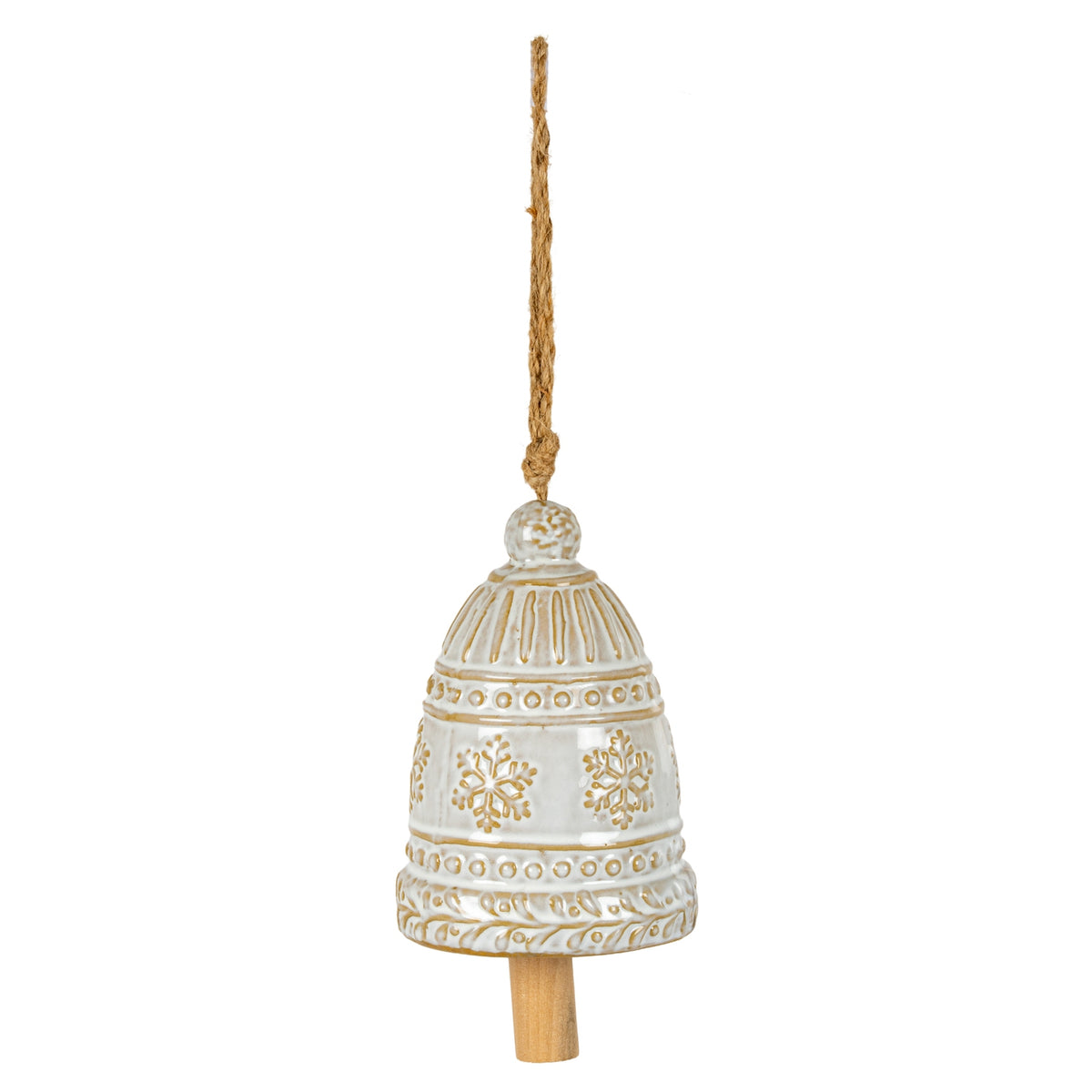 Large Ceramic Bell Tree Ornament with Snowflake Detail - White