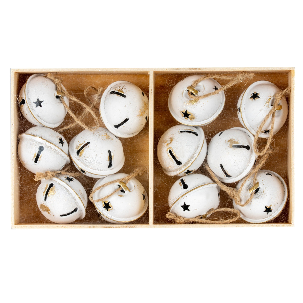 Twelve Metal Nordic Bells In Wooden Box - White