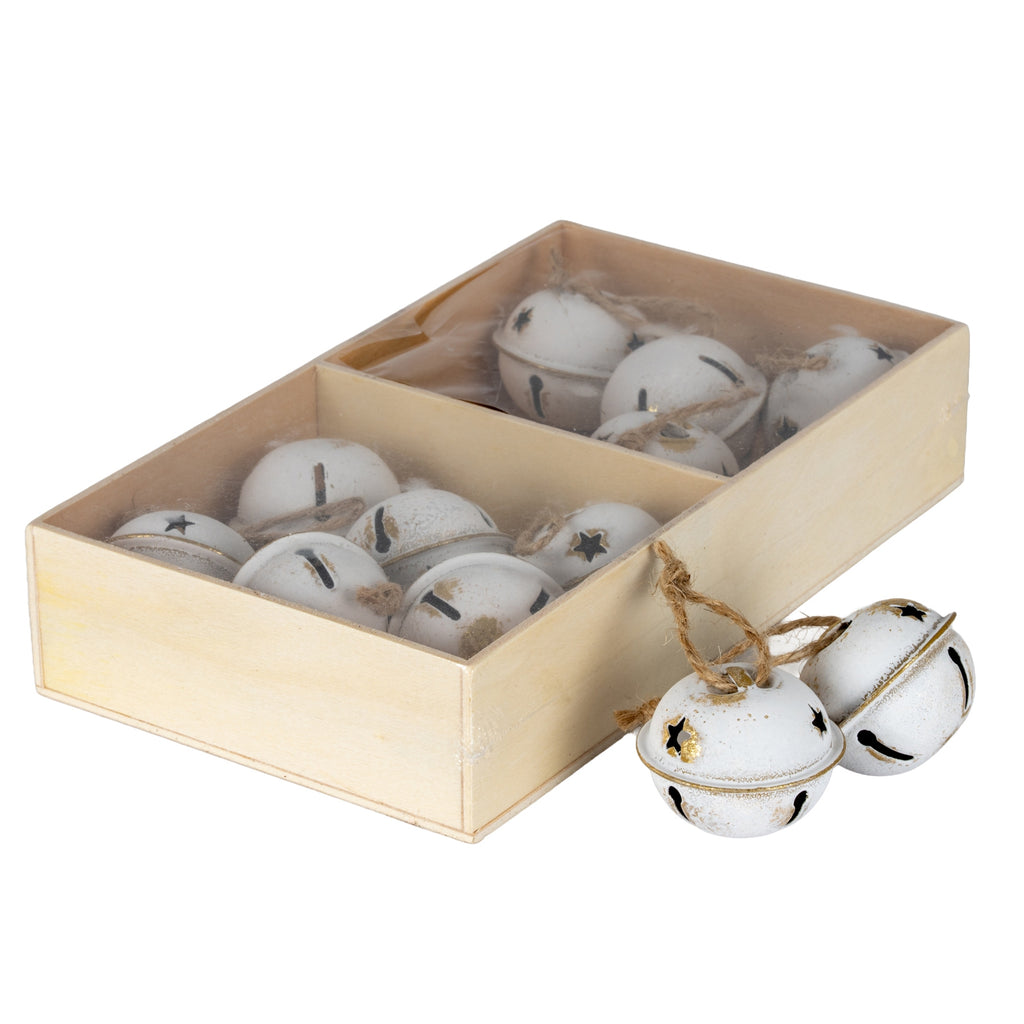 Twelve Metal Nordic Bells In Wooden Box - White