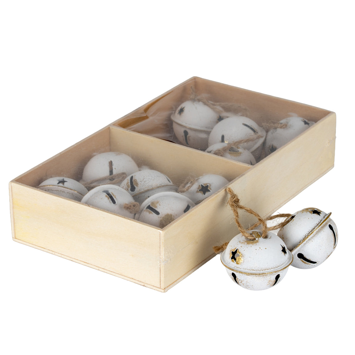 Twelve Metal Nordic Bells In Wooden Box - White