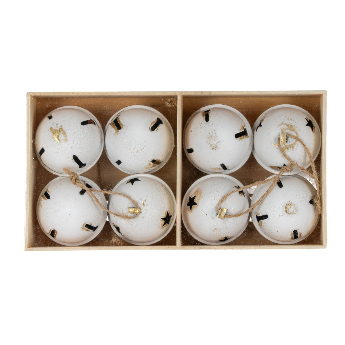 Eight Large Metal Nordic Bells In Wooden Box - White