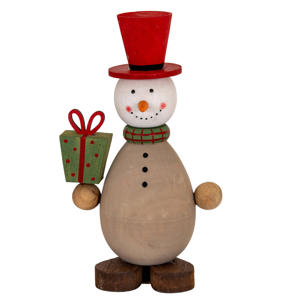 Wooden Snowman with Present - Brown