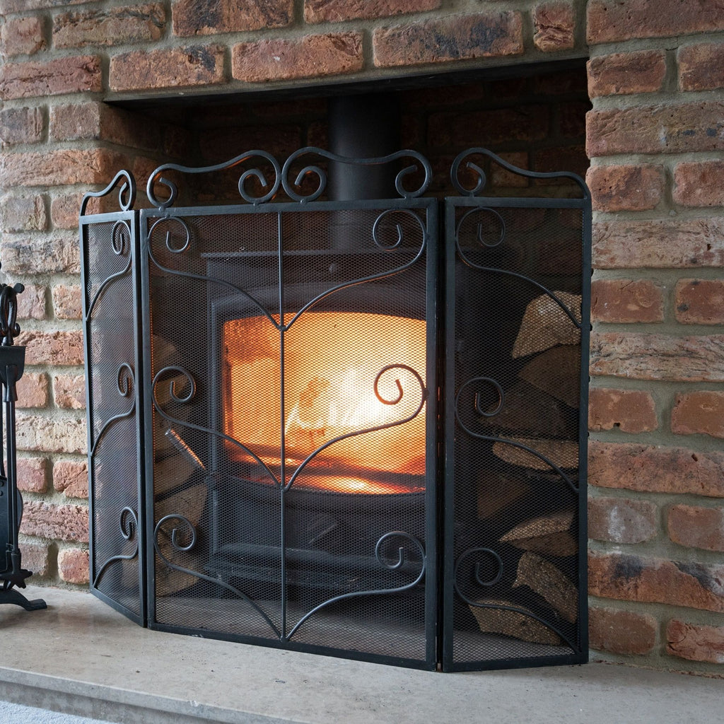 Heavy Large Black Ornate Fire Screen - Black